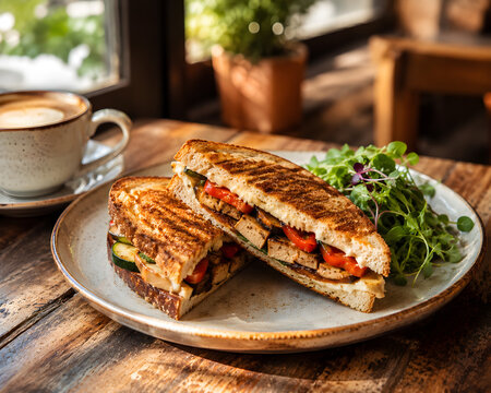 Grilled vegetable panini sandwich served on a rustic ceramic plate with fresh greens and coffee
