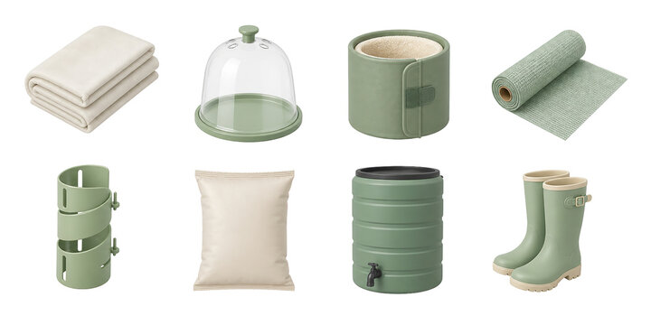 Home supplies icons, towels, cloche, mug, yoga mat, pillow, barrel, boots, and storage items 3D set.