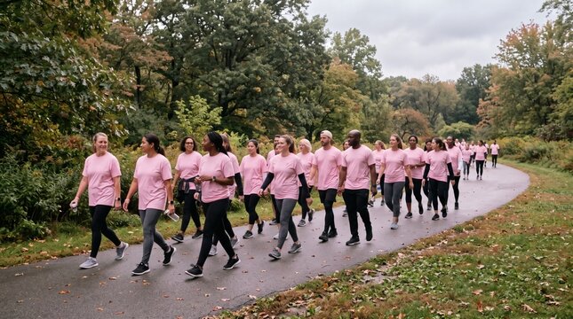 A diverse group of people wearing pink shirts walks together on a paved path through a park, participating in a breast cancer awareness event on a cloudy day.