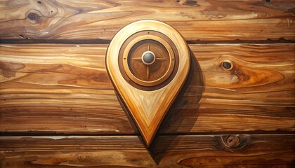 Fototapeta premium Wooden location pin on rustic wooden background.