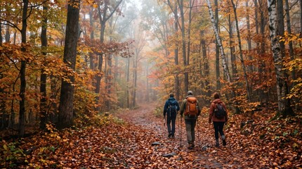 Fototapeta premium Three hikers walk along a leaf-covered trail through a vibrant autumn forest on a misty day, enjoying the colorful fall foliage.