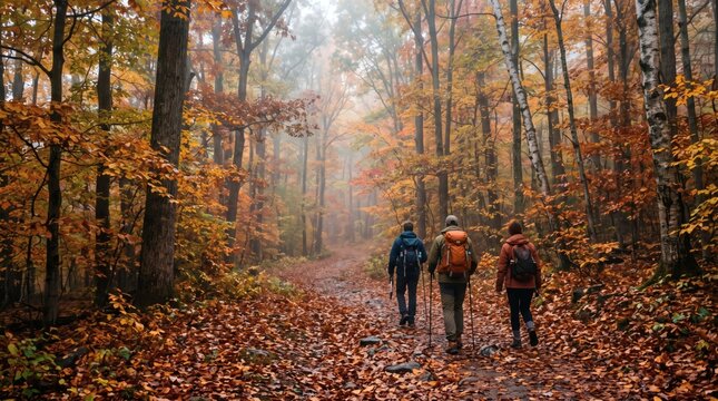 Three hikers walk along a leaf-covered trail through a vibrant autumn forest on a misty day, enjoying the colorful fall foliage.