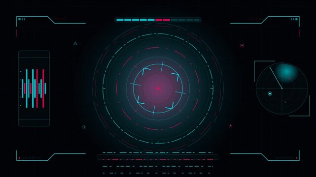 Futuristic sci-fi HUD interface with rotating target reticle and radar element on black background.
