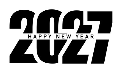 Bold modern 2027 Happy New Year typography design with overlapping black numbers. Minimalist vector logo on transparent background. © Vasyl
