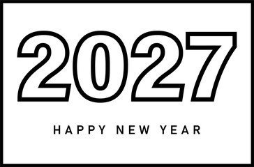 Outline style 2027 Happy New Year design with clean black typography in a frame. Minimalist vector illustration on transparent background. © Vasyl