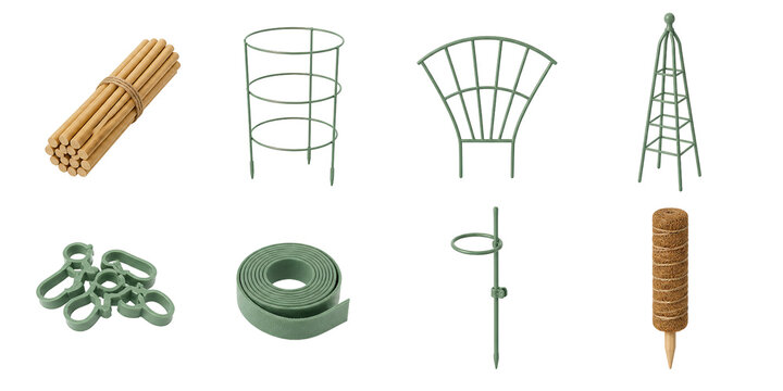 Plant support icons, bamboo stakes, garden trellis, plant cage, obelisk, ties, tape, and coir pole 3D set.