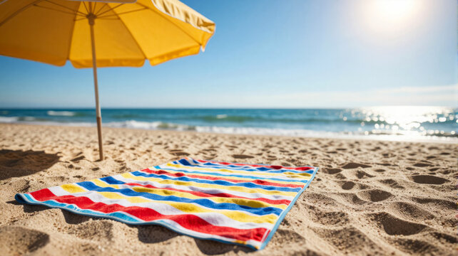 Cozy beach scene with bright umbrella and striped towel under sun