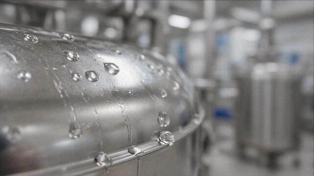 Cinematic clean water technology background stainless steel tank surface with fresh droplet detail and reflective metal texture soft focus depth modern factory interior cool tone lighting creating
