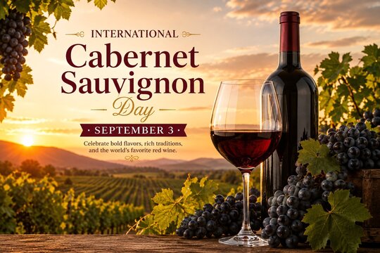 International cabernet sauvignon day celebration graphic with vineyard, red wine