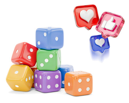 Stack of vibrant plastic playing dice with suspended glass like and heart speech bubbles for gaming app marketing and digital interaction design concepts.