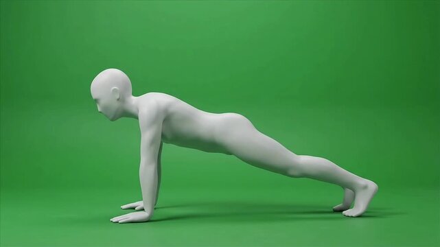 3D humanoid mannequin figure performing push up exercises isolated on a green screen