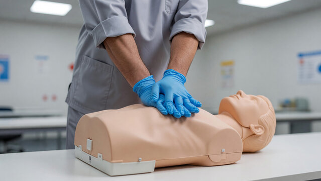 Instructor hands in medical gloves performing chest compressions on CPR training mannequin, first aid certification and life-saving techniques