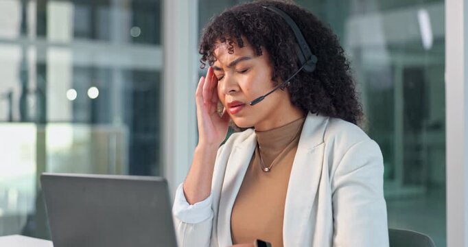 Business, woman and consultant with headache on laptop in office for stress, overworked or strain. Frustrated, female person or agent with migraine, headset or computer for online mistake or pressure