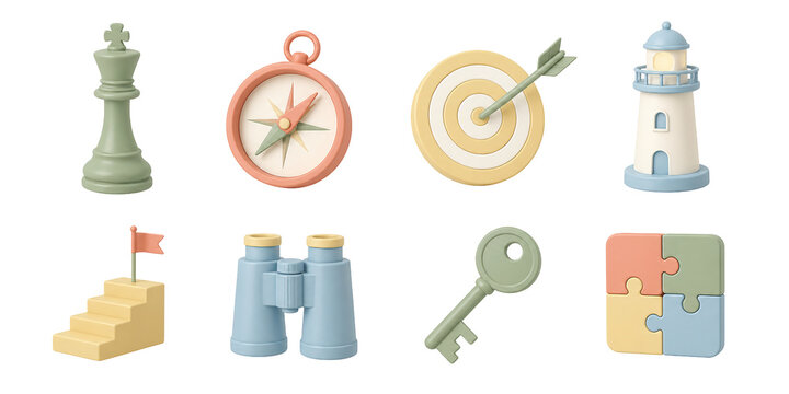 Navigation and achievement icons, compass, target, lighthouse, binoculars, key, stairs, flag, and puzzle 3D set.