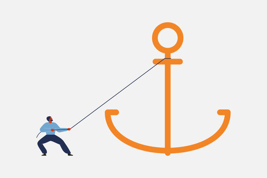 Single person trying to move big anchor. Freedom, relief  from stereotypes. psychology anchoring effect. cut heavy problems and get rid from addiction. Business vector illustration