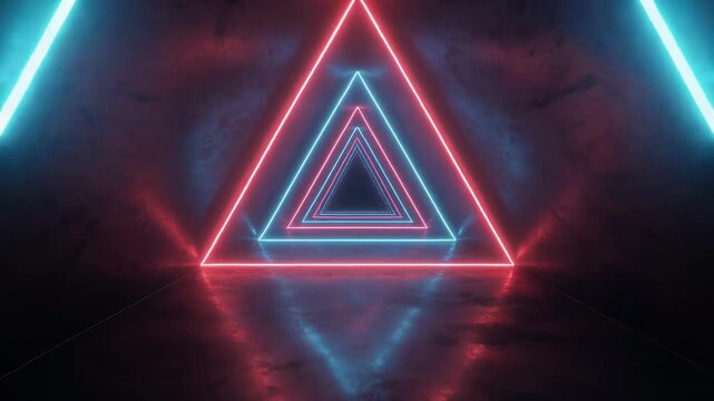 Endless neon triangle tunnel with pulsing red and blue lights moving forward in dark reflective space