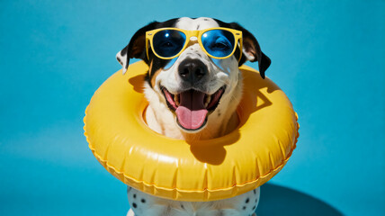 Fototapeta premium Cute dalmatian in swim ring and cool shades