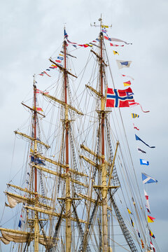 Close-up of the masts of a retro sailing ship.
