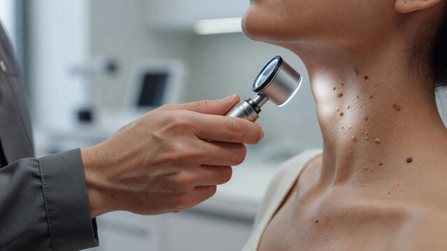 Doctor hand holding dermatoscope examining skin moles on patient neck in clinic, dermatology checkup and medical diagnosis.