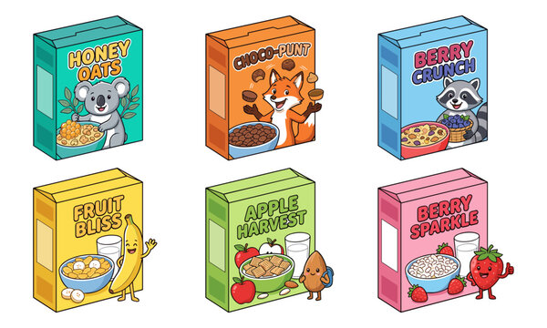 Colorful cartoon breakfast cereal box packaging set featuring cute animal and fruit mascot characters isolated on a clean white background