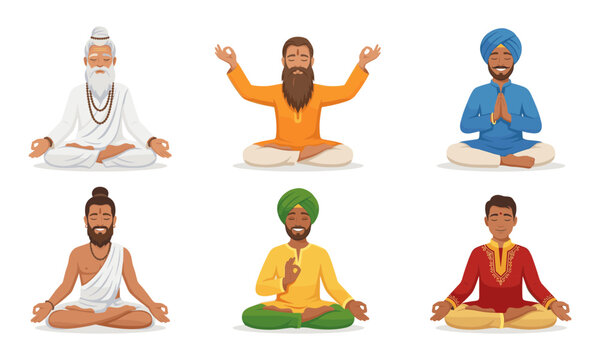 Vector illustration set of Indian men, gurus, and yogis sitting in lotus posture, practicing meditation peacefully with traditional mudra hand gestures.