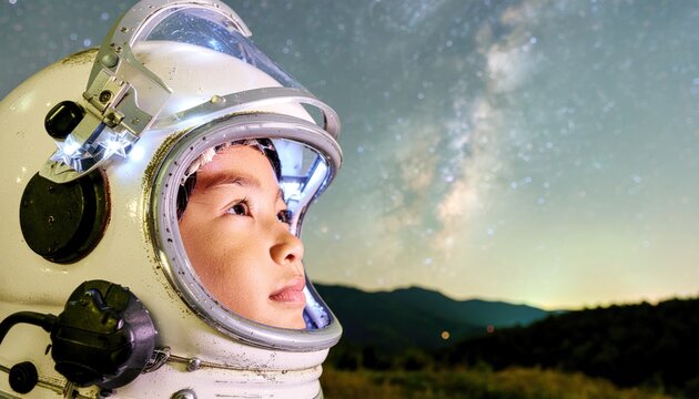 Child wears space helmet adorned with glowing stars, looking up with wonder at the night sky. Youngster dreams of future adventures in outer space exploration