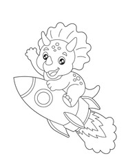 Cartoon Triceratops Flying a Rocket Space Coloring Book Page for Kids. Easy Printable Space Activity. © laky