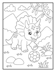 Cartoon Triceratops Playing with a Large Ball Coloring Book Page for Kids. Easy Printable Dinosaur Activity. © laky