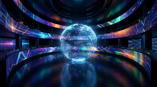Futuristic digital control room with a glowing holographic earth globe surrounded by data visualization screens and lights