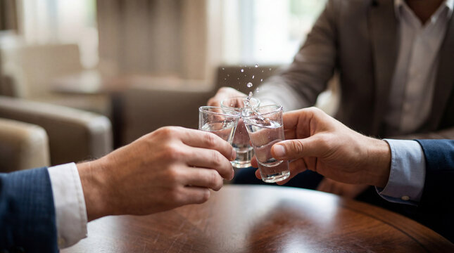 Close up of business people clinking clear shot glasses of soju liquids at a meeting table with splash effect
