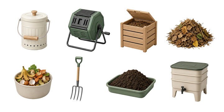 Composting icons, compost bin, organic waste, leaves, garden fork, soil tray, and worm composting 3D set.