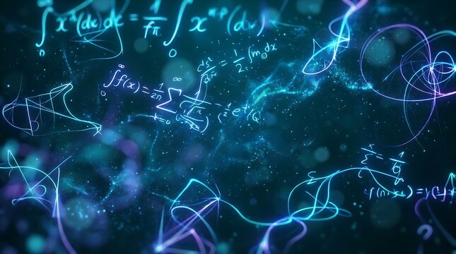 Abstract background featuring glowing mathematical formulas and physics equations floating in a dark blue digital space
