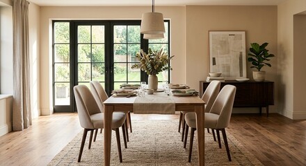 Fototapeta premium Elegant dining room with table, chairs, and patio doors