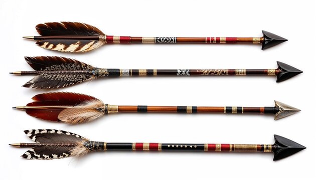 Three colorful feathered fletching arrows with sharp broadheads aligned horizontally on white background