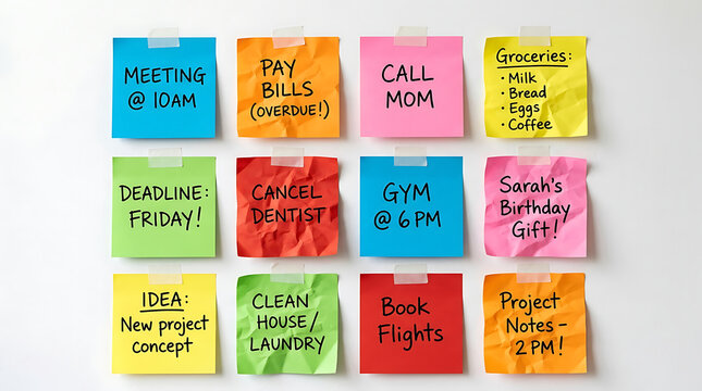 Color sticky notes with handwritten tasks and reminders on a white wall