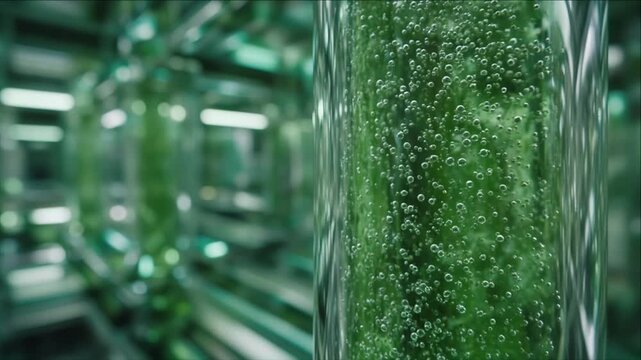 Cinematic clean water technology background algae bioreactor green bubble glass tube future lab detail energy concept futuristic laboratory scene with clean water technology background and green