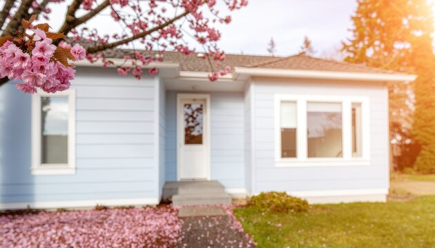 Beautiful blue house with pink tree in front yard on sunny day photo from street