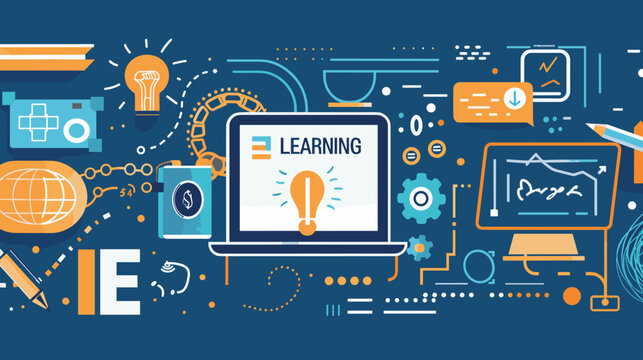 Digital Learning Technology Concept with E-Learning Icons and Bold Typography Illustration