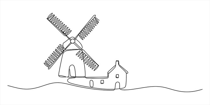 Continuous single line drawing of a rustic windmill and a small countryside farm house building in a minimalist artistic style for creative design