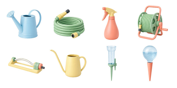 Watering and irrigation icons, watering can, hose reel, spray bottle, sprinkler, garden sprayer, and plant tools 3D set.