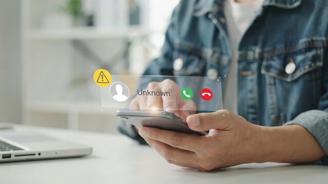 Person receiving unknown smartphone call with warning alert
