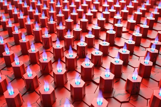 Heated metal matrix background with sharp blue gas flames emitting from hexagonal cells.