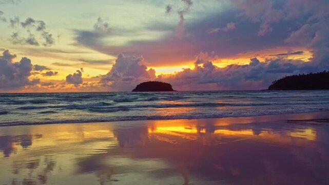 Aerial view of A breathtaking view of the sun setting over the ocean, casting warm golden hues across the waves and clouds while people enjoy the tranquil shoreline. Poo island Kata beach Phuket