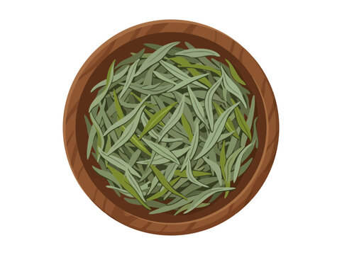 Top view of fresh tarragon leaves in wooden bowl vector illustration