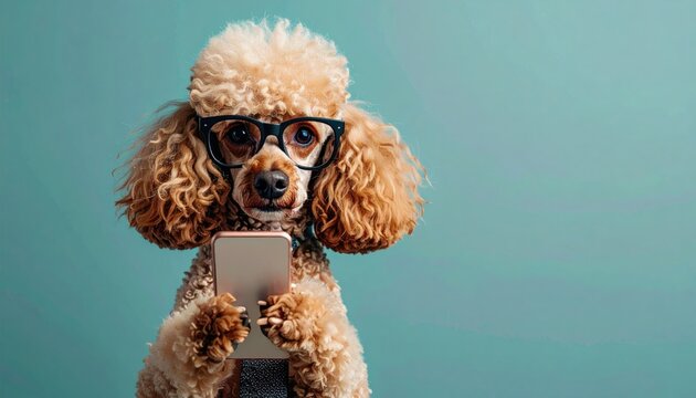 cute poodle dog with tie and glasses holding smartphone