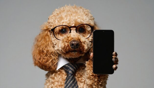 cute poodle dog with tie and glasses holding smartphone