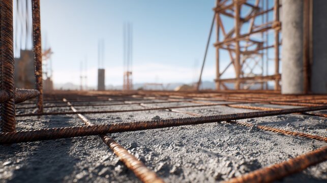 Close-up of reinforcing steel bars embedded in fresh concrete on a construction site, with structures in the background