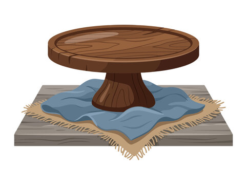 Wooden cake stand on a rustic table with a blue cloth