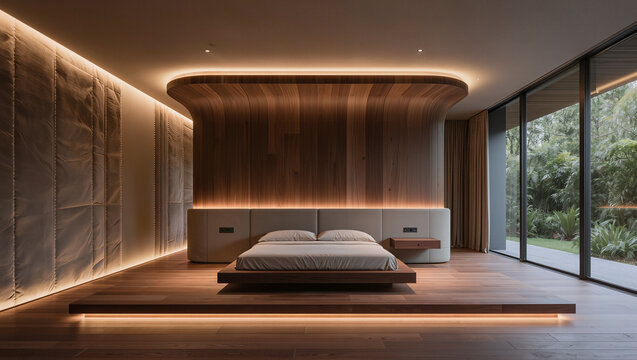 Modern Minimalist Bedroom with Led Lighting and Wood Accents