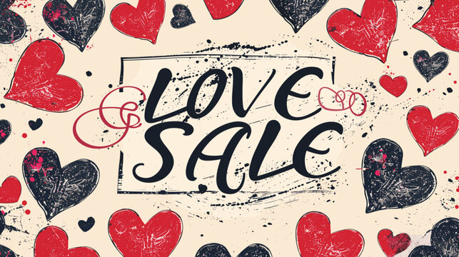 Hand Drawn Love Sale Banner with Bold Text and Scattered Hearts Illustration